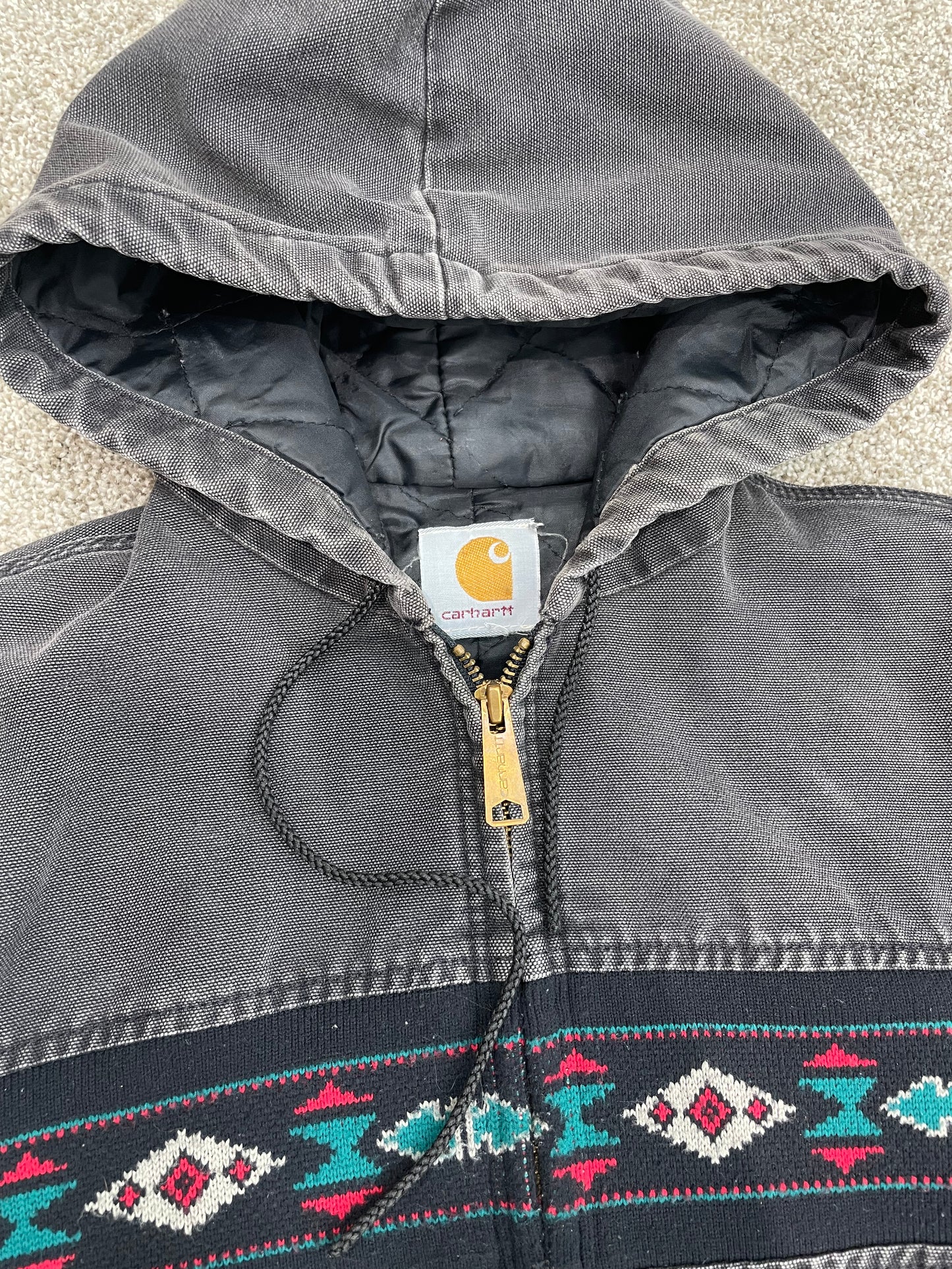 Vtg 90s Carhartt Aztec Hooded Jacket Southwest Thermal Lined