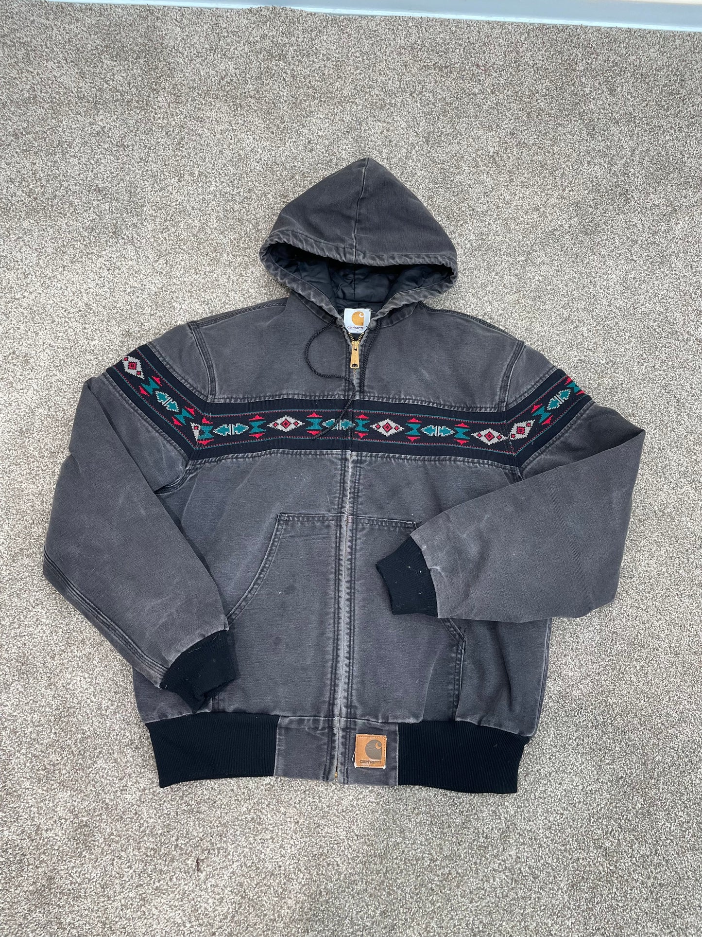 Vtg 90s Carhartt Aztec Hooded Jacket Southwest Thermal Lined