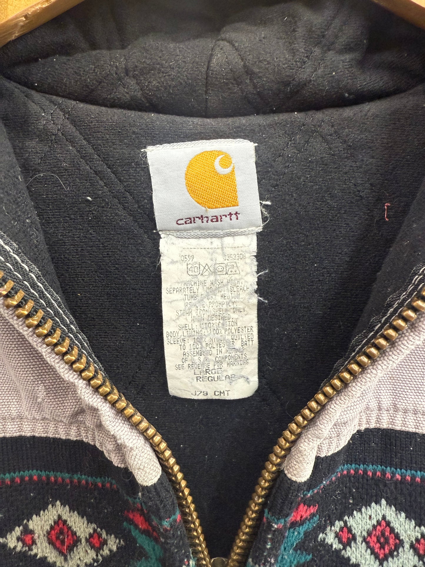 Vtg 90s Carhartt Aztec Hooded Jacket L Distressed Workwear Southwestern