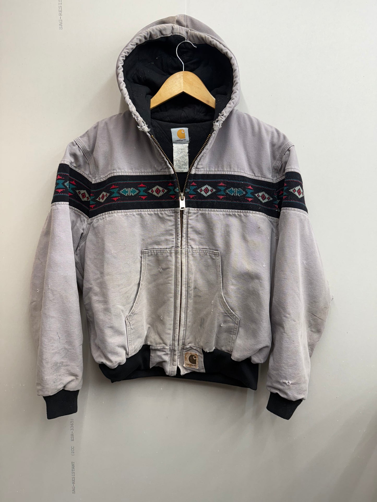 Vtg 90s Carhartt Aztec Hooded Jacket L Distressed Workwear Southwestern