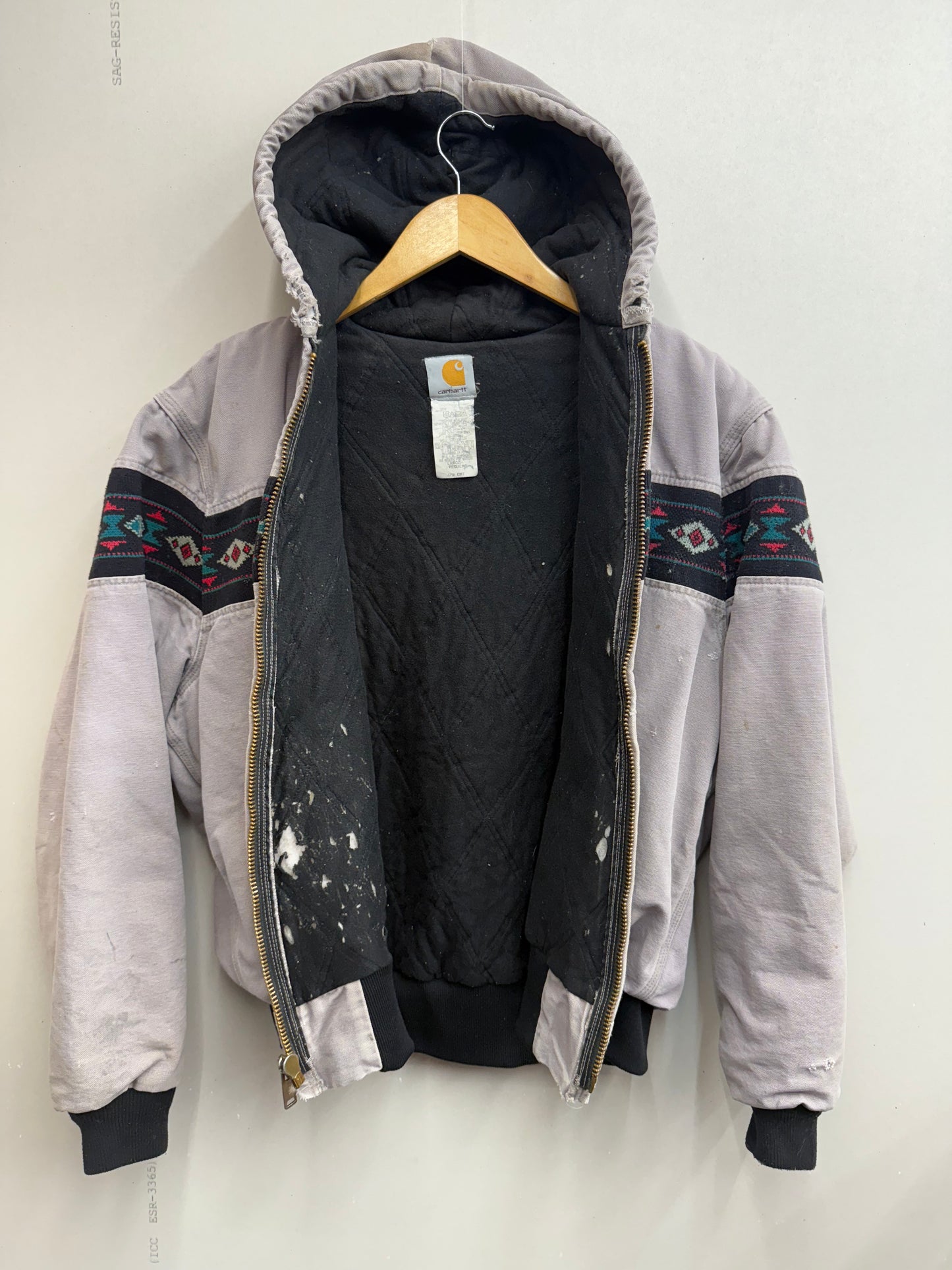 Vtg 90s Carhartt Aztec Hooded Jacket L Distressed Workwear Southwestern