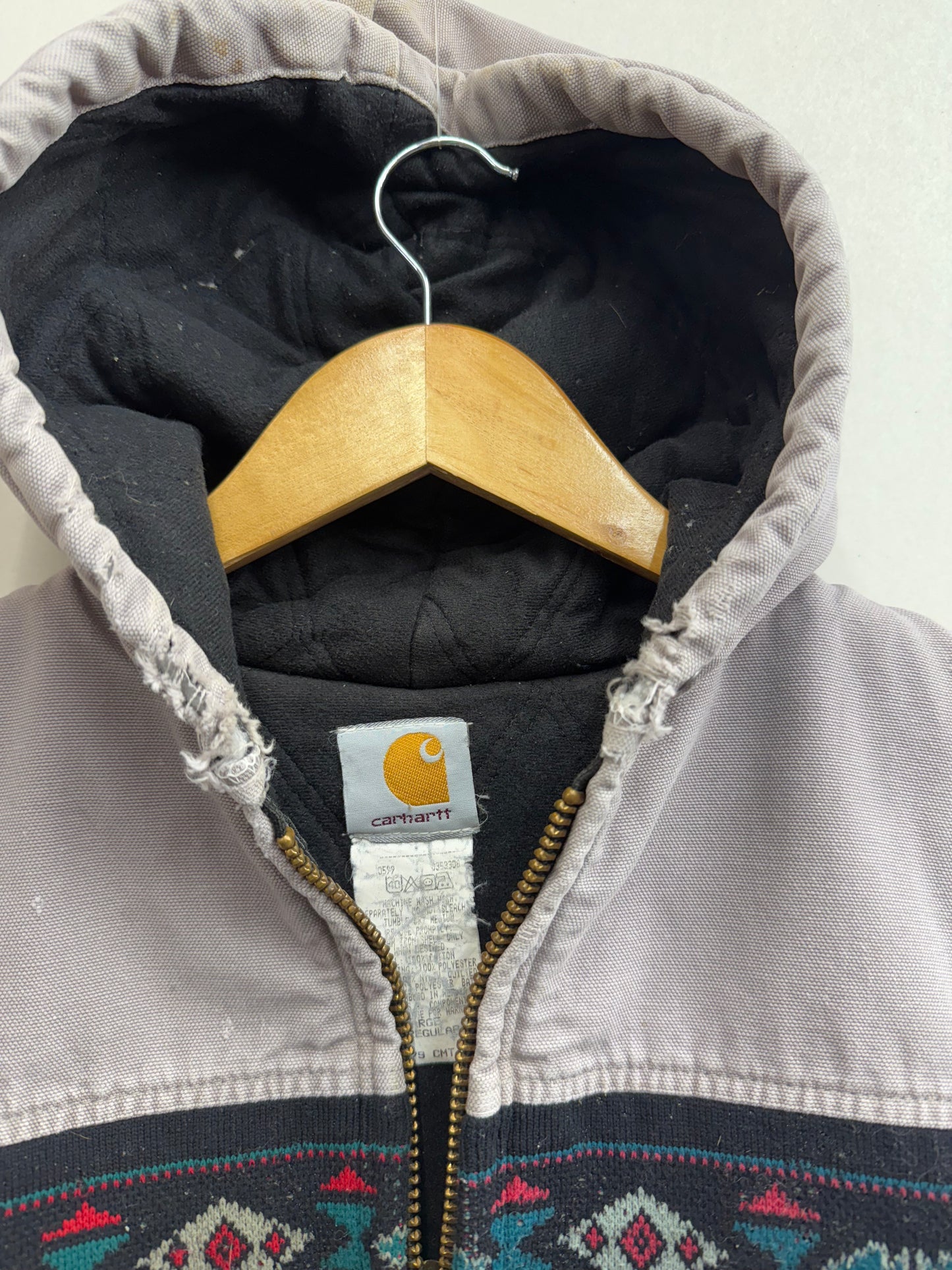 Vtg 90s Carhartt Aztec Hooded Jacket L Distressed Workwear Southwestern