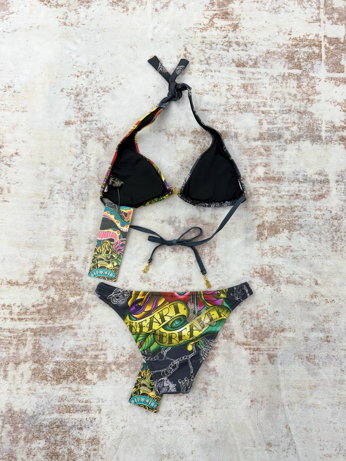 Deadstock Christian Audigier Ed Hardy Graphic Bikini Swimsuit S