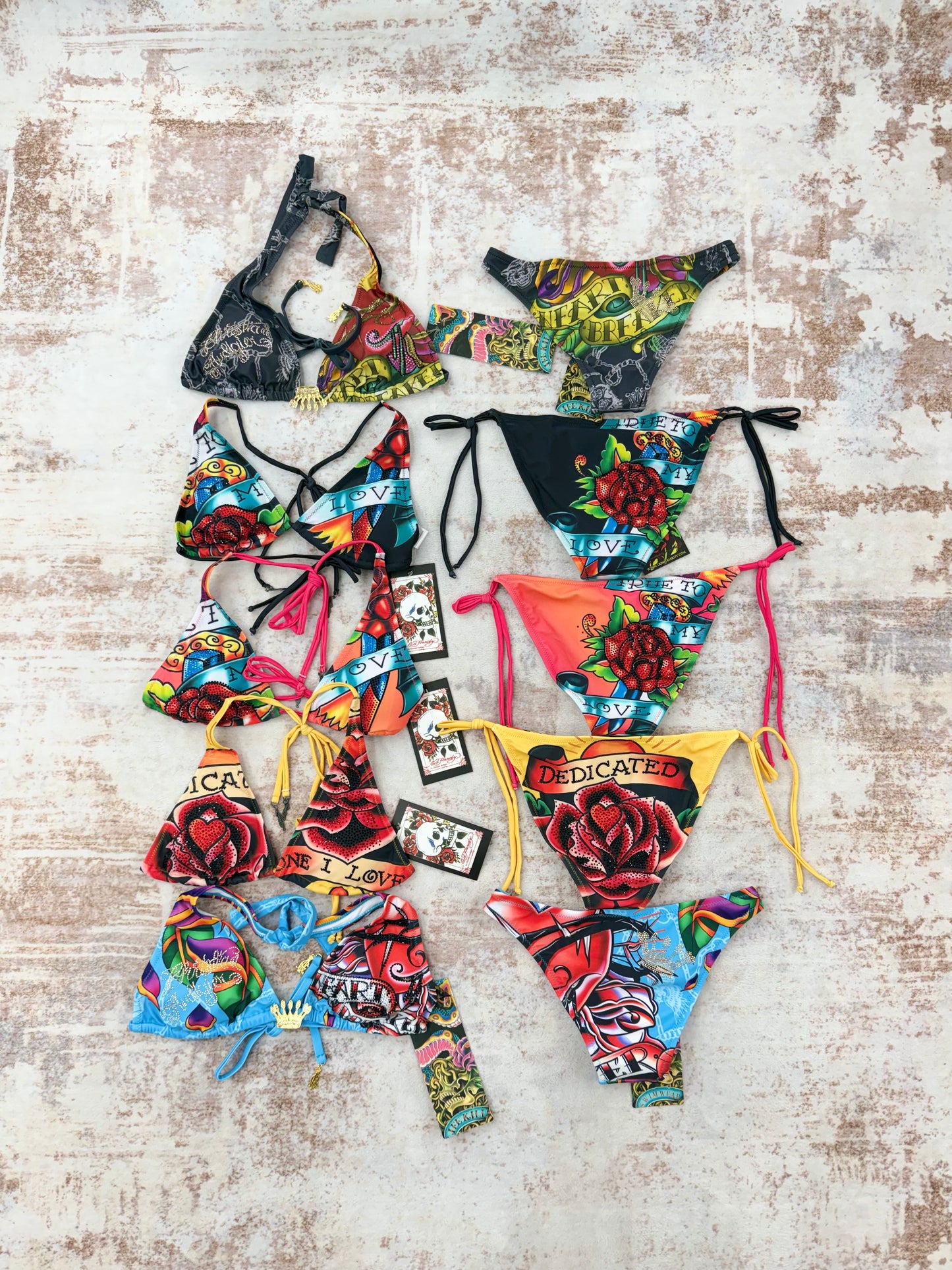 Deadstock bundles 5 sets Vintage Christian Audigier Ed Hardy Graphic Bikini Swimsuit all size S