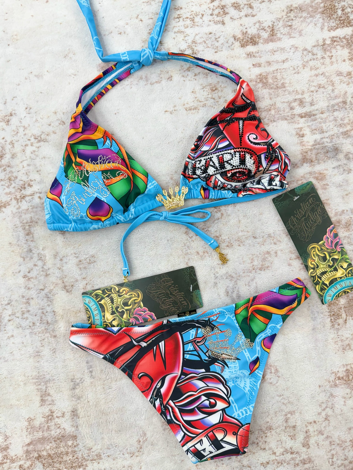 Deadstock Christian Audigier Ed Hardy Graphic Bikini Swimsuit S