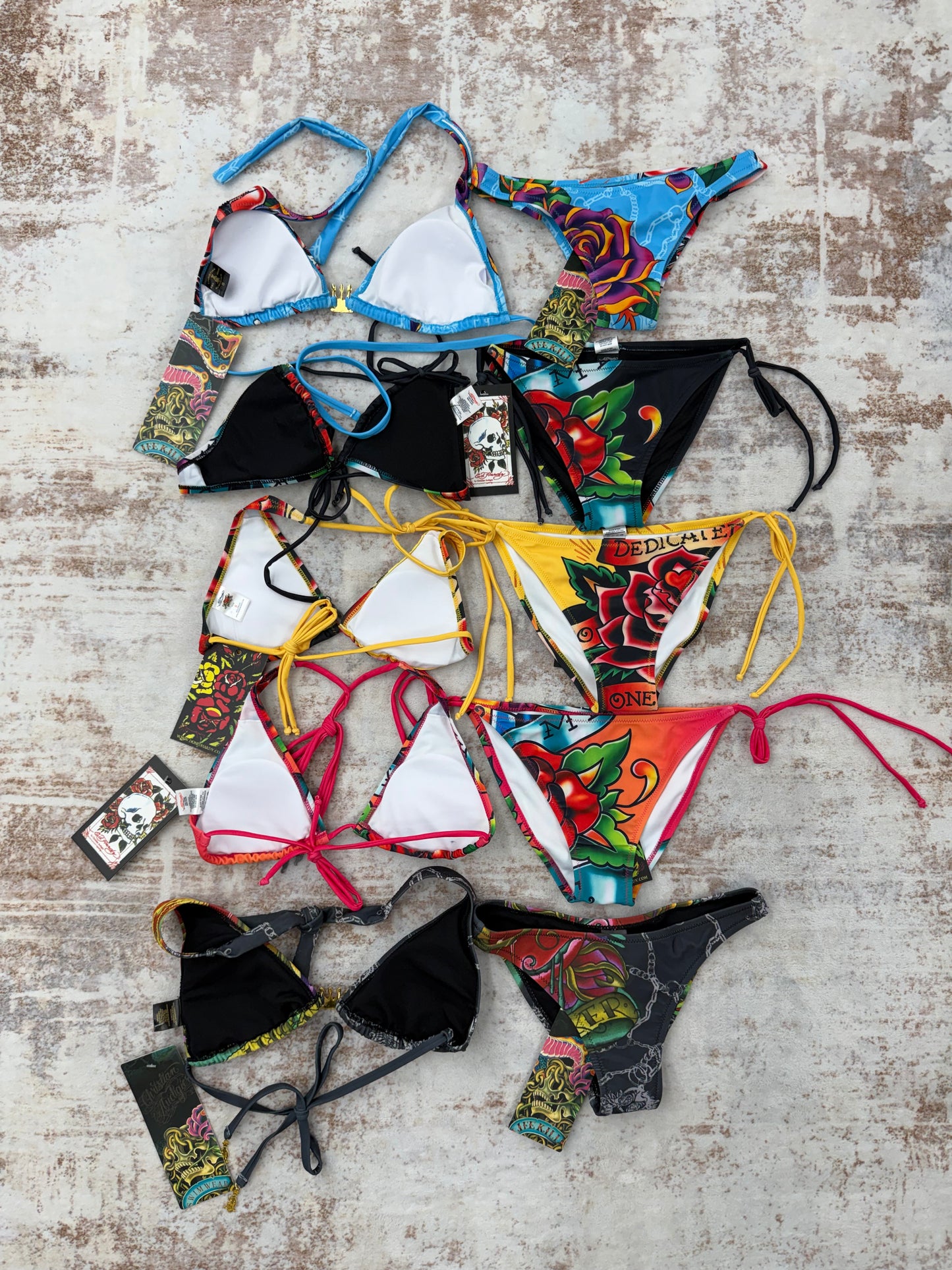 Deadstock bundles 5 sets Vintage Christian Audigier Ed Hardy Graphic Bikini Swimsuit all size S