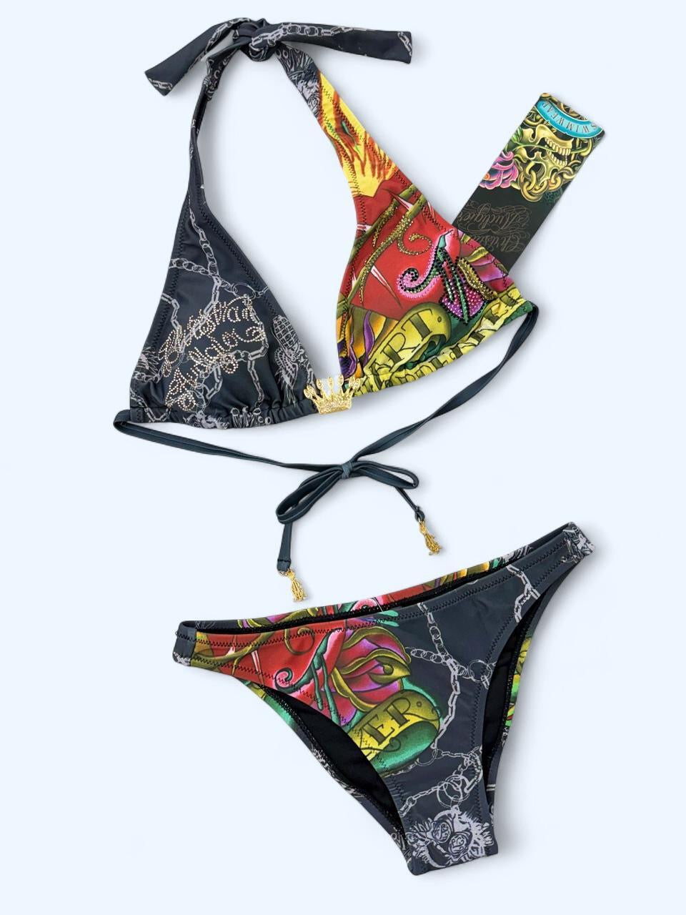 Deadstock Christian Audigier Ed Hardy Graphic Bikini Swimsuit S