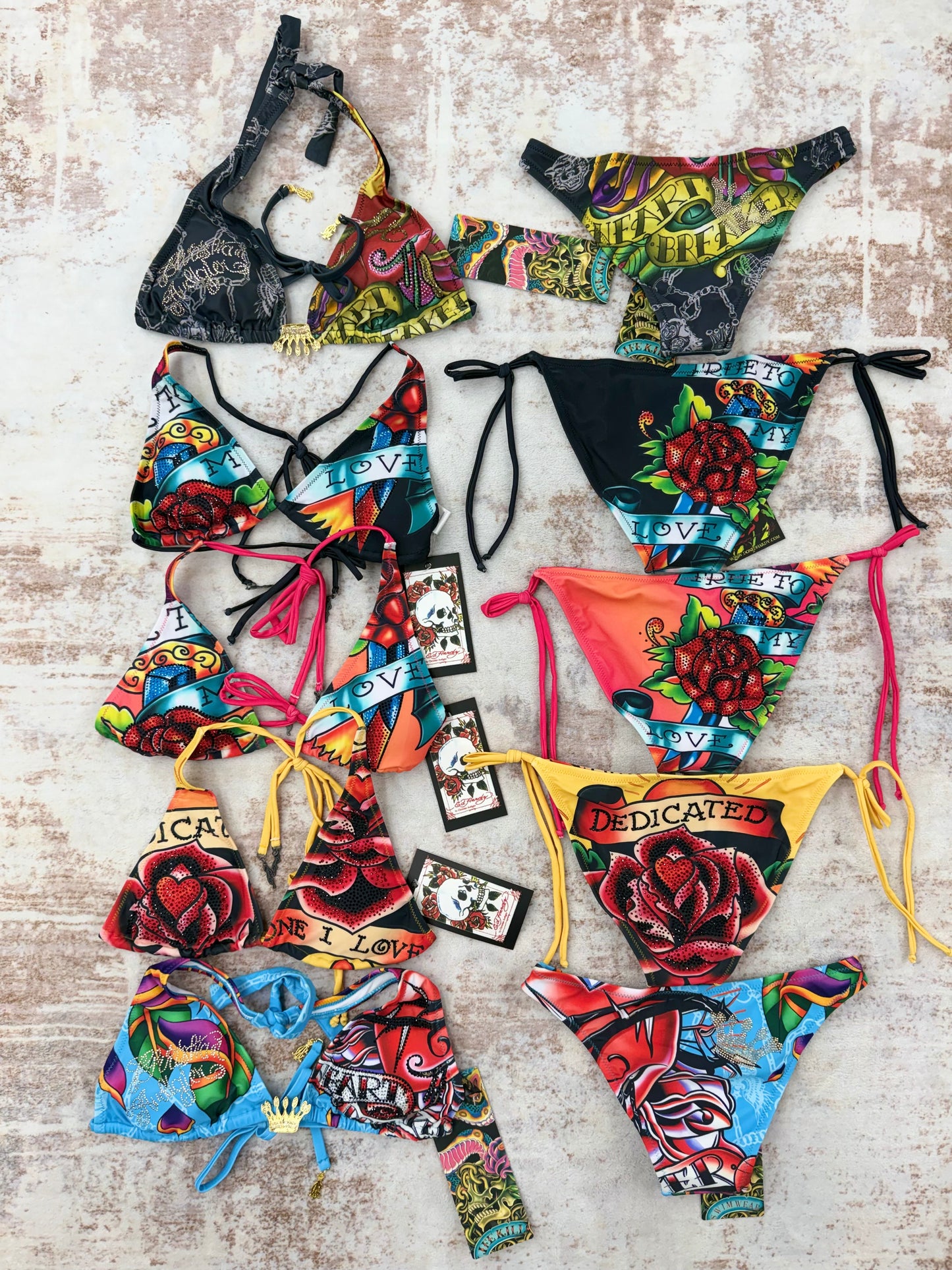 Deadstock bundles 5 sets Vintage Christian Audigier Ed Hardy Graphic Bikini Swimsuit all size S
