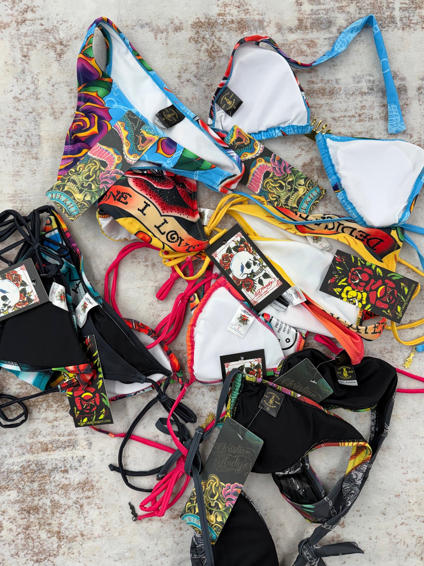 Deadstock bundles 5 sets Vintage Christian Audigier Ed Hardy Graphic Bikini Swimsuit all size S